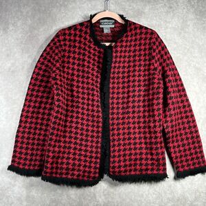 Nouveaux Wool Blazer Cardigan Sweater Womens Small‎ Red Black Houdstooth Knit